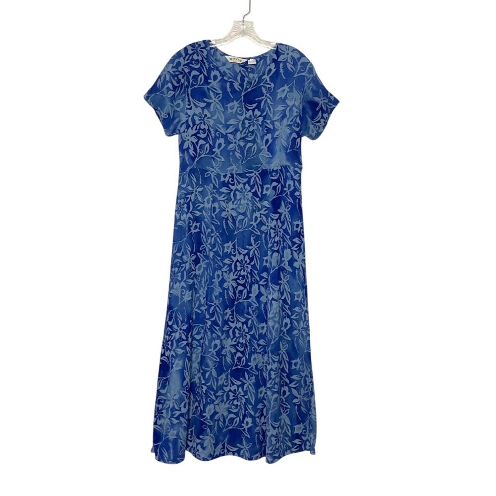 Vintage Orvis Womens Blue Floral Crinkle Rayon Midi Dress Sz Large Short Sleeves